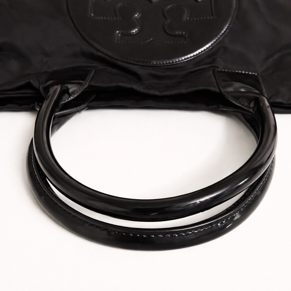 Tory Burch Large Ella Tote Black Nylon Patent Logo Shoulder Bag - Picture 6 of 8